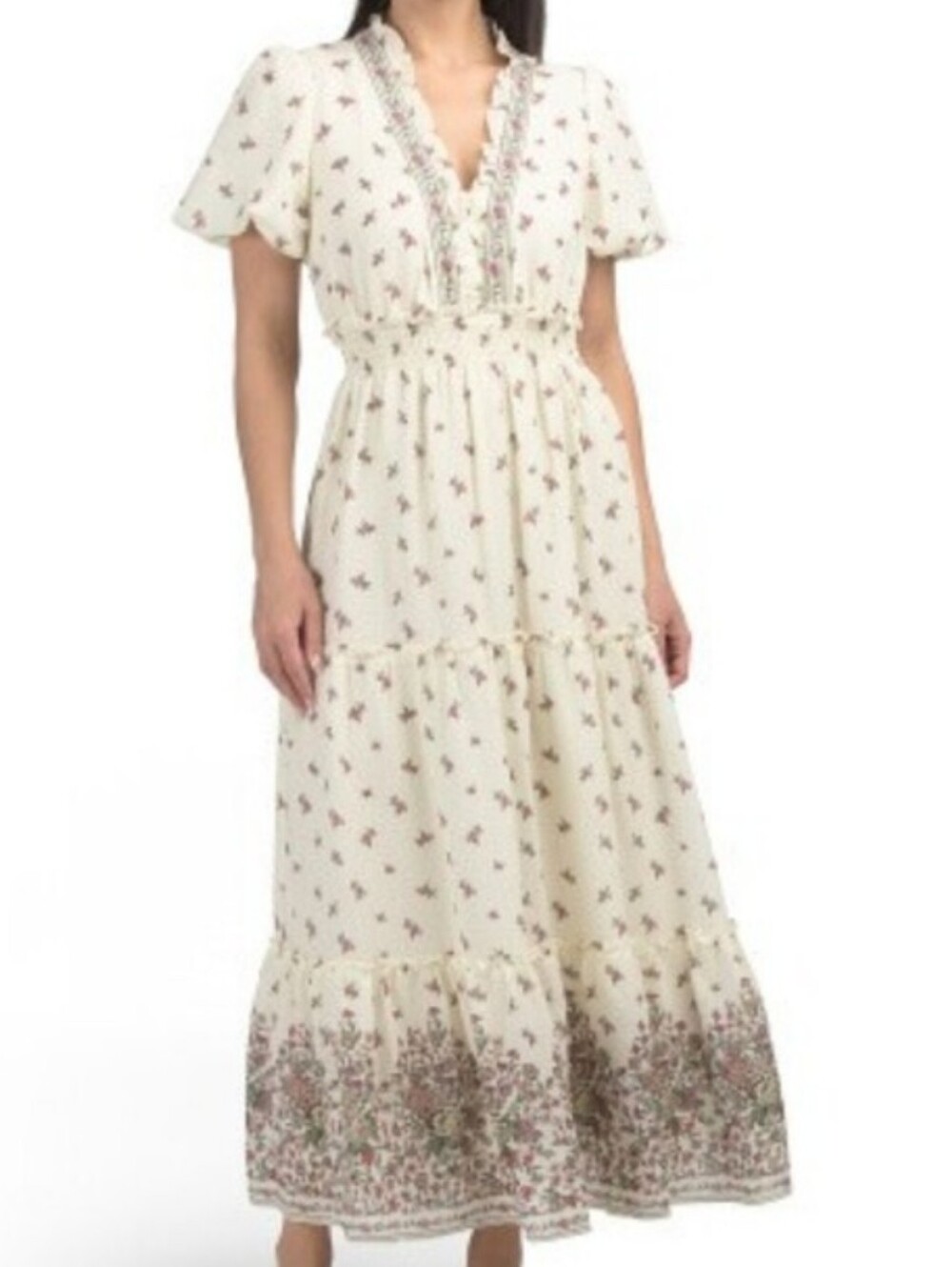 NWT- Max Studio Cream/Pink Floral Chiffon V-Neck Tiered Lined Maxi Dress -Size L
